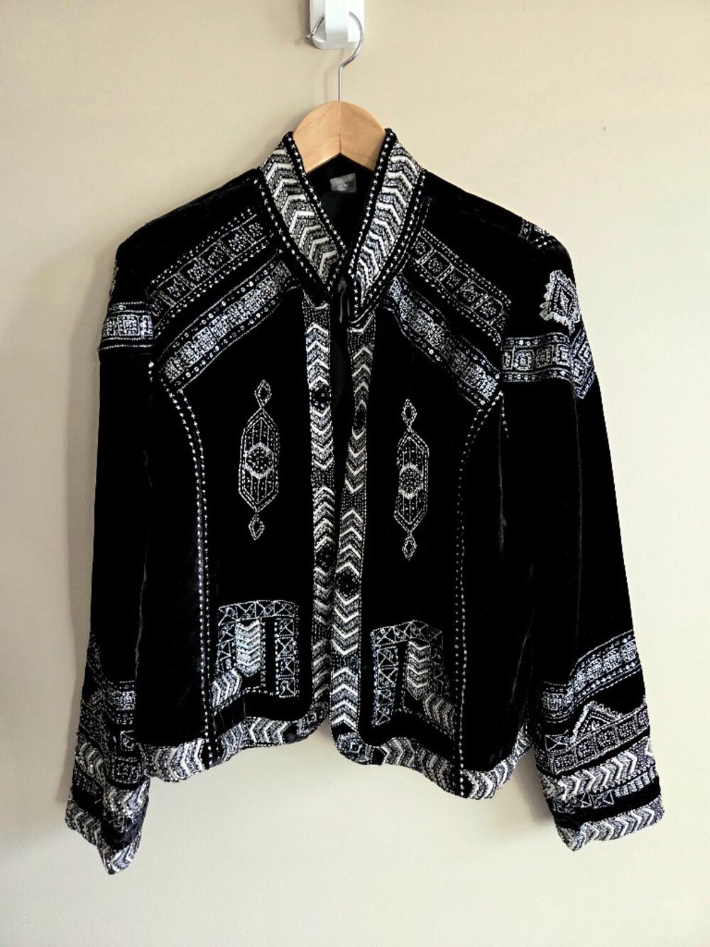 Velvet Velour Black Intricate Silver Beaded Sequins Geometric Embroidery Jacket